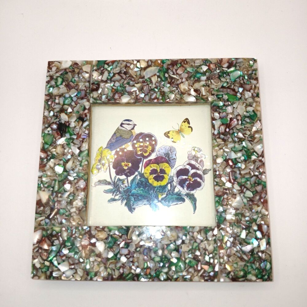 Mother of Pearl Picture Frame Shell Mosaic Photo Frame or Wall Art Bird & Flower